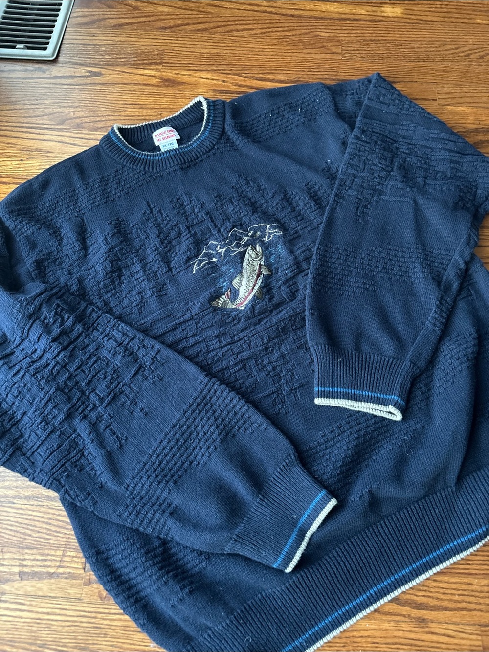 Men's Navy Crewneck Sweater with Embroidered Fish